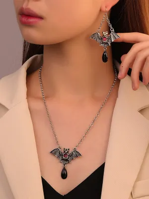Halloween Stylish Alloy Bat Cross Pearl Chain Necklace&Earrings