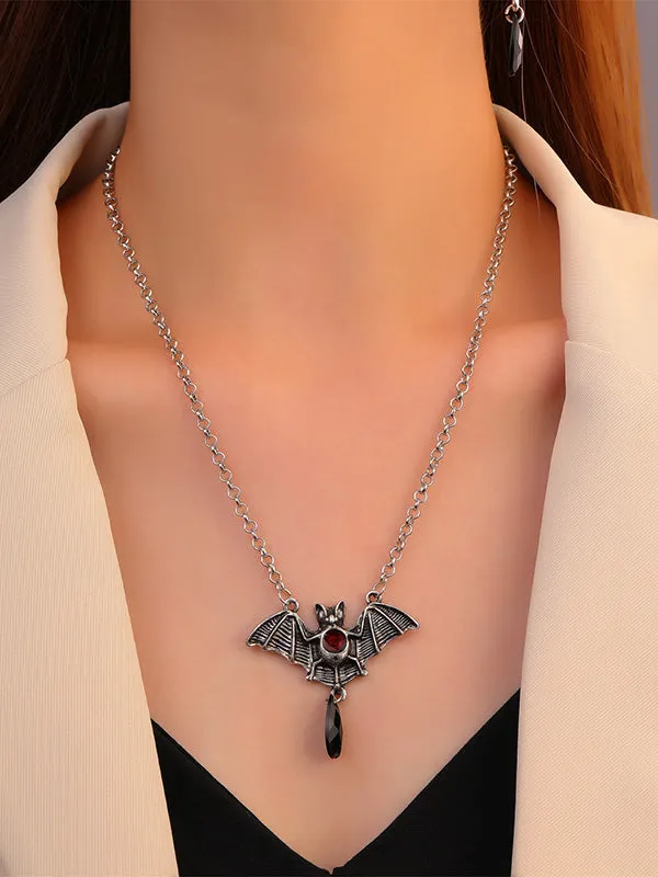 Halloween Stylish Alloy Bat Cross Pearl Chain Necklace&Earrings