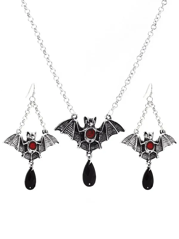 Halloween Stylish Alloy Bat Cross Pearl Chain Necklace&Earrings