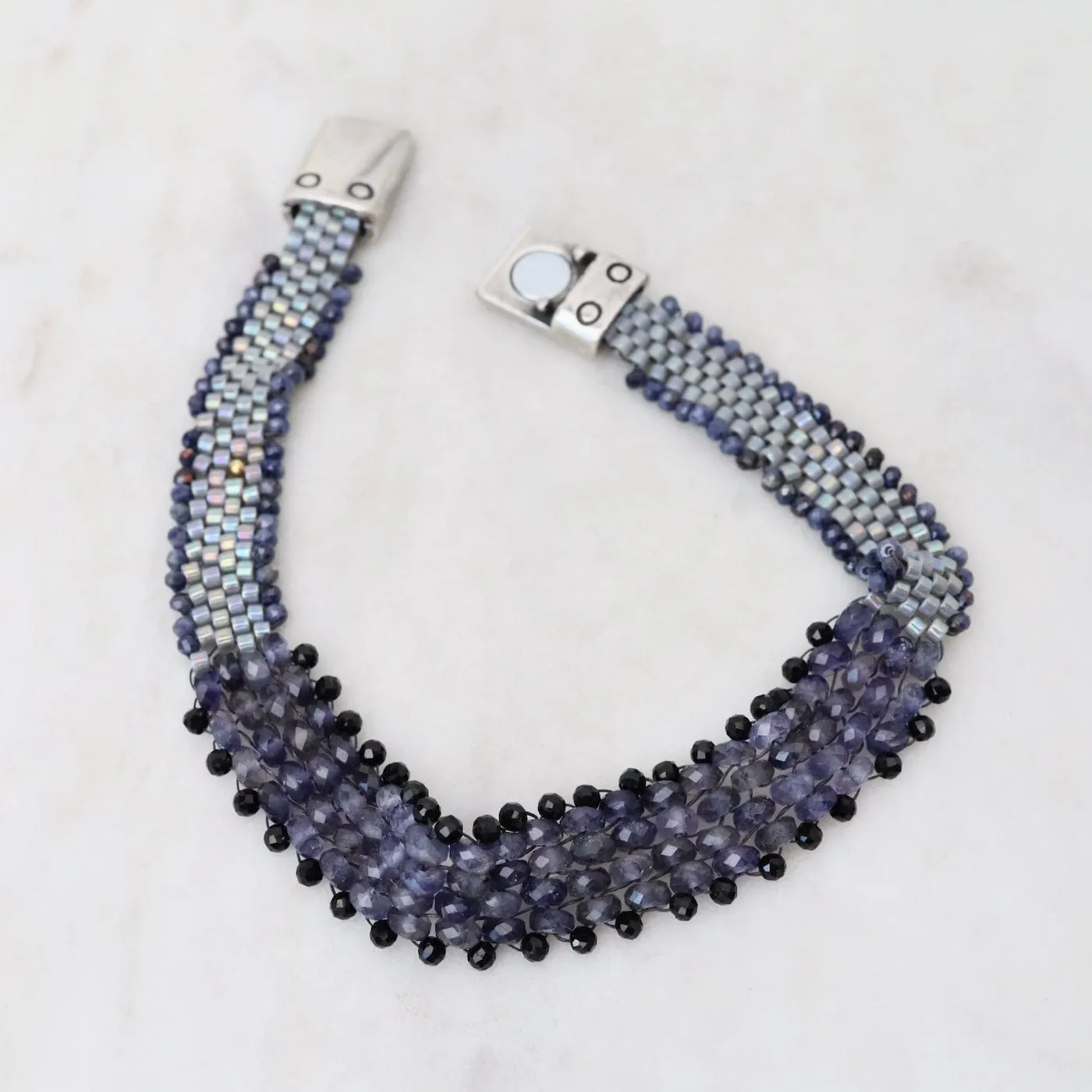Hand Woven Soft Bracelet of Iolite & Black Spinel