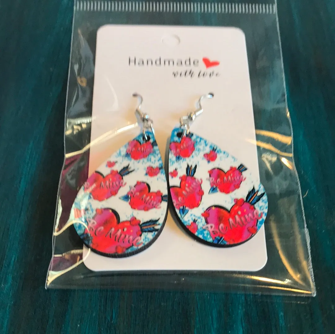 Handmade Wood Valentine Tear Drop Earrings