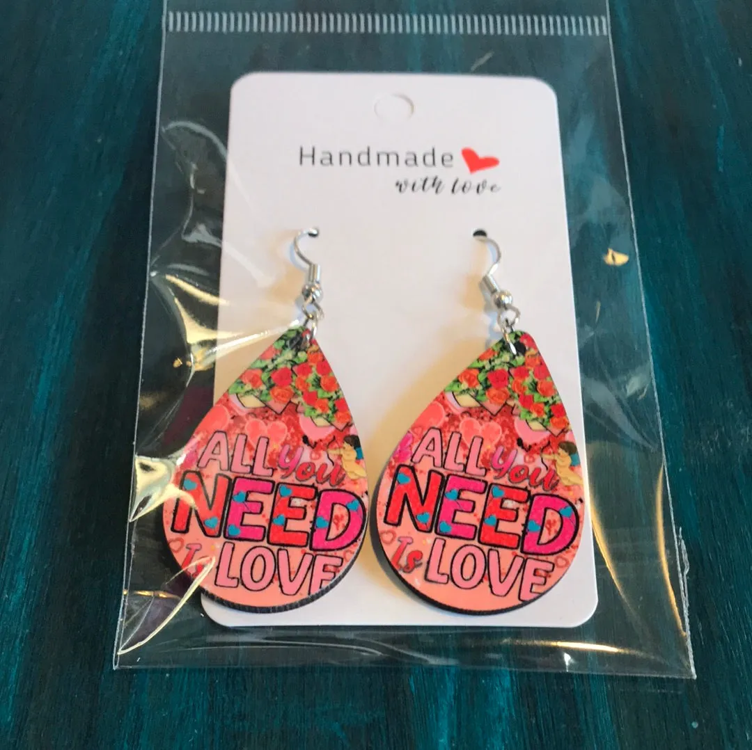 Handmade Wood Valentine Tear Drop Earrings