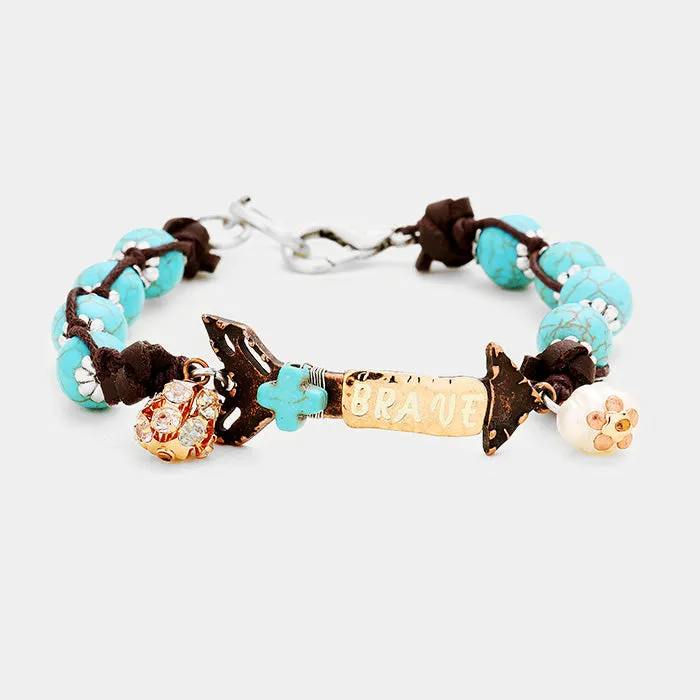 iLLASPARKZ "Brave" Turquoise Beaded Metal Arrow Freshwater Pearl Charm Bracelet
