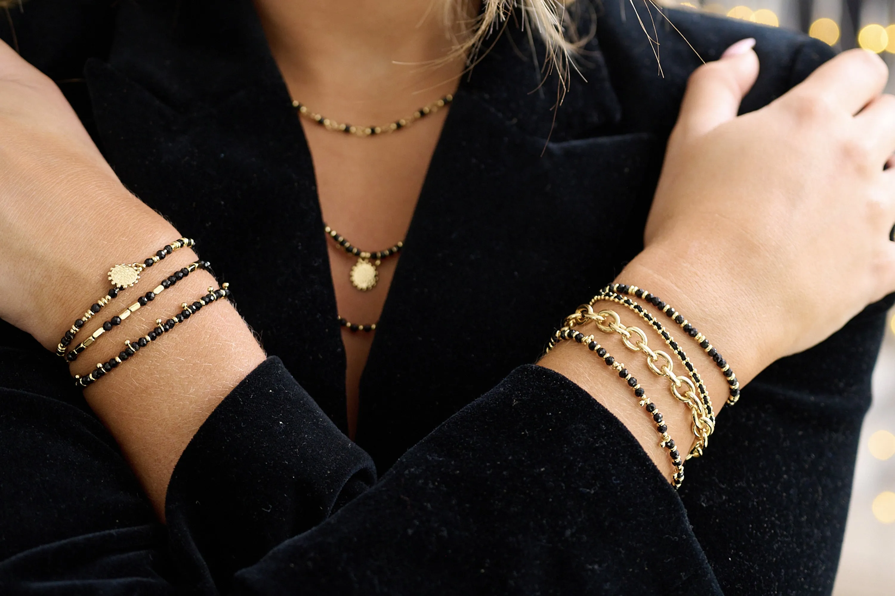 Jet 3 Layer Gemstone Bracelet Stack