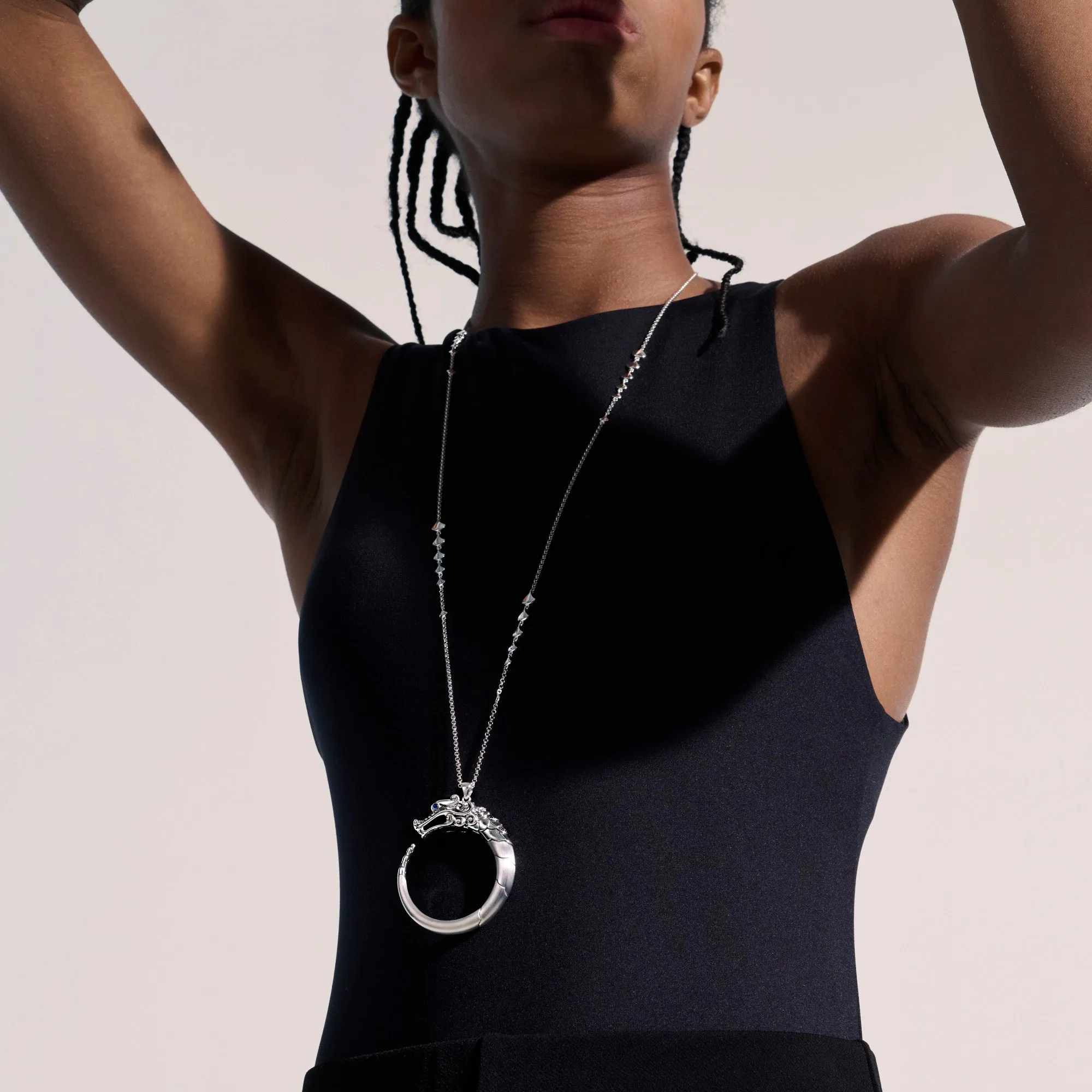 John Hardy Naga Heritage Silver Pendant Necklace in Brushed Finish with Treated Black Sapphire, Black Spinel and Blue Sapphire Eyes, Size 34