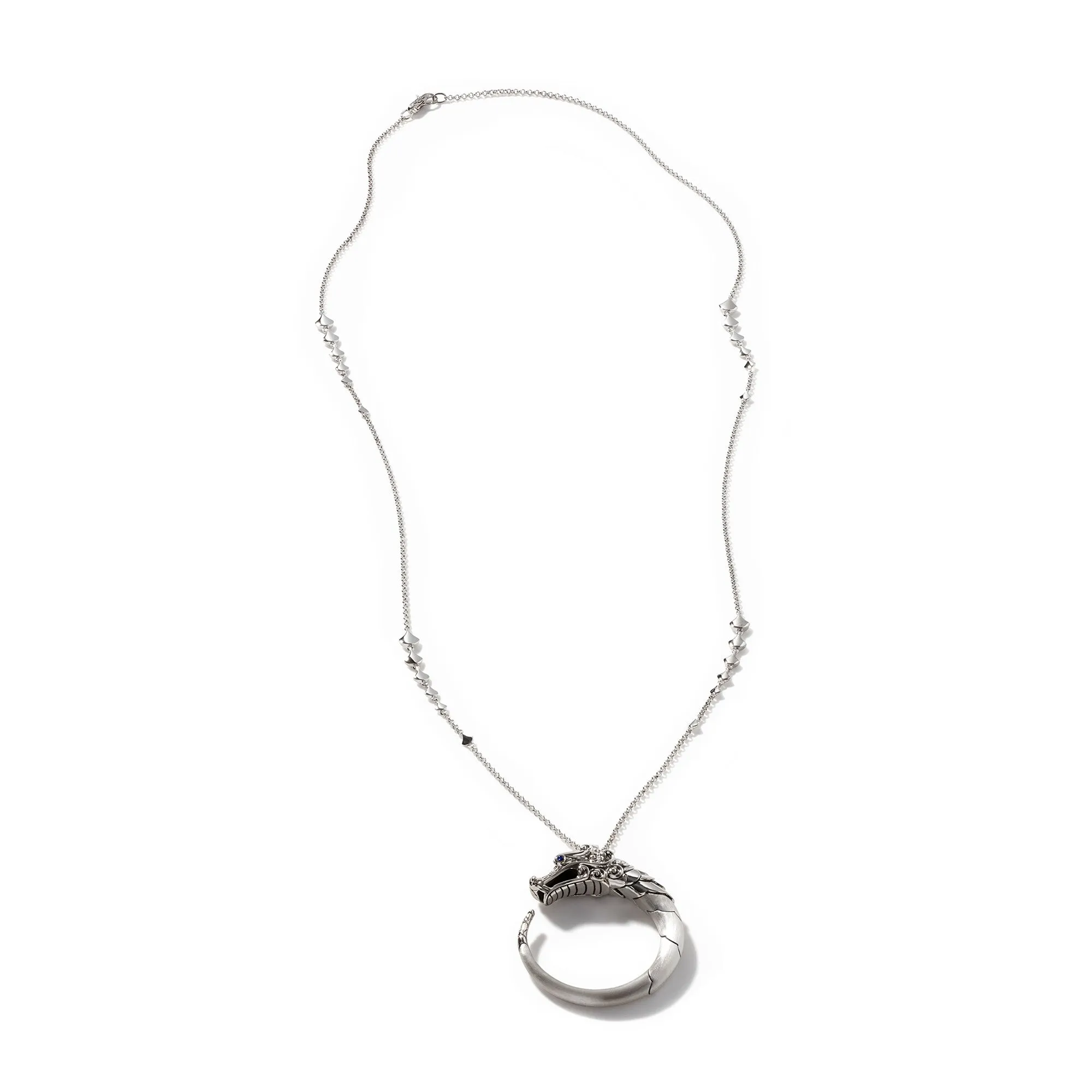 John Hardy Naga Heritage Silver Pendant Necklace in Brushed Finish with Treated Black Sapphire, Black Spinel and Blue Sapphire Eyes, Size 34
