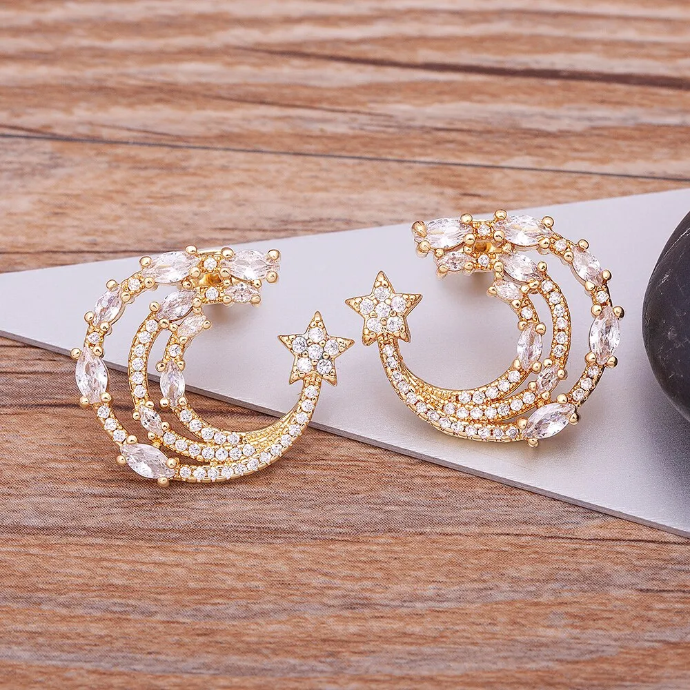 Korean Crystal Three Layers Trendy Exquisite Star Moon Stud Earrings For Women
