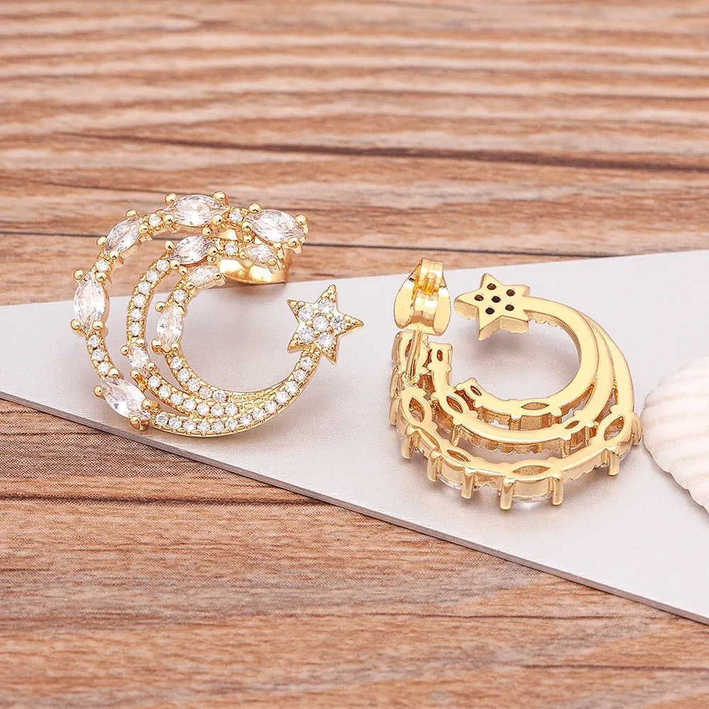 Korean Crystal Three Layers Trendy Exquisite Star Moon Stud Earrings For Women