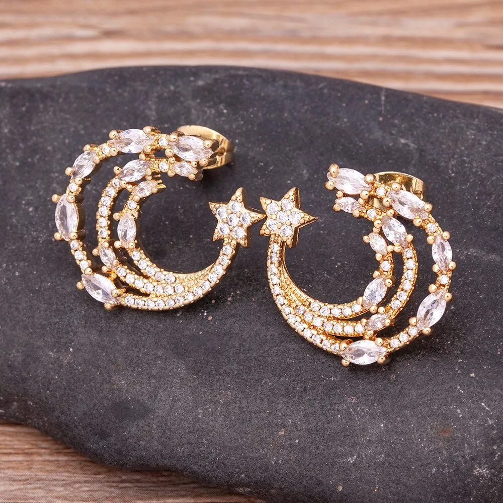 Korean Crystal Three Layers Trendy Exquisite Star Moon Stud Earrings For Women