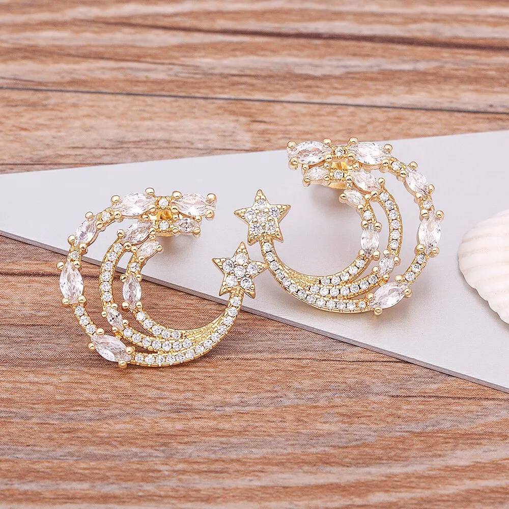 Korean Crystal Three Layers Trendy Exquisite Star Moon Stud Earrings For Women