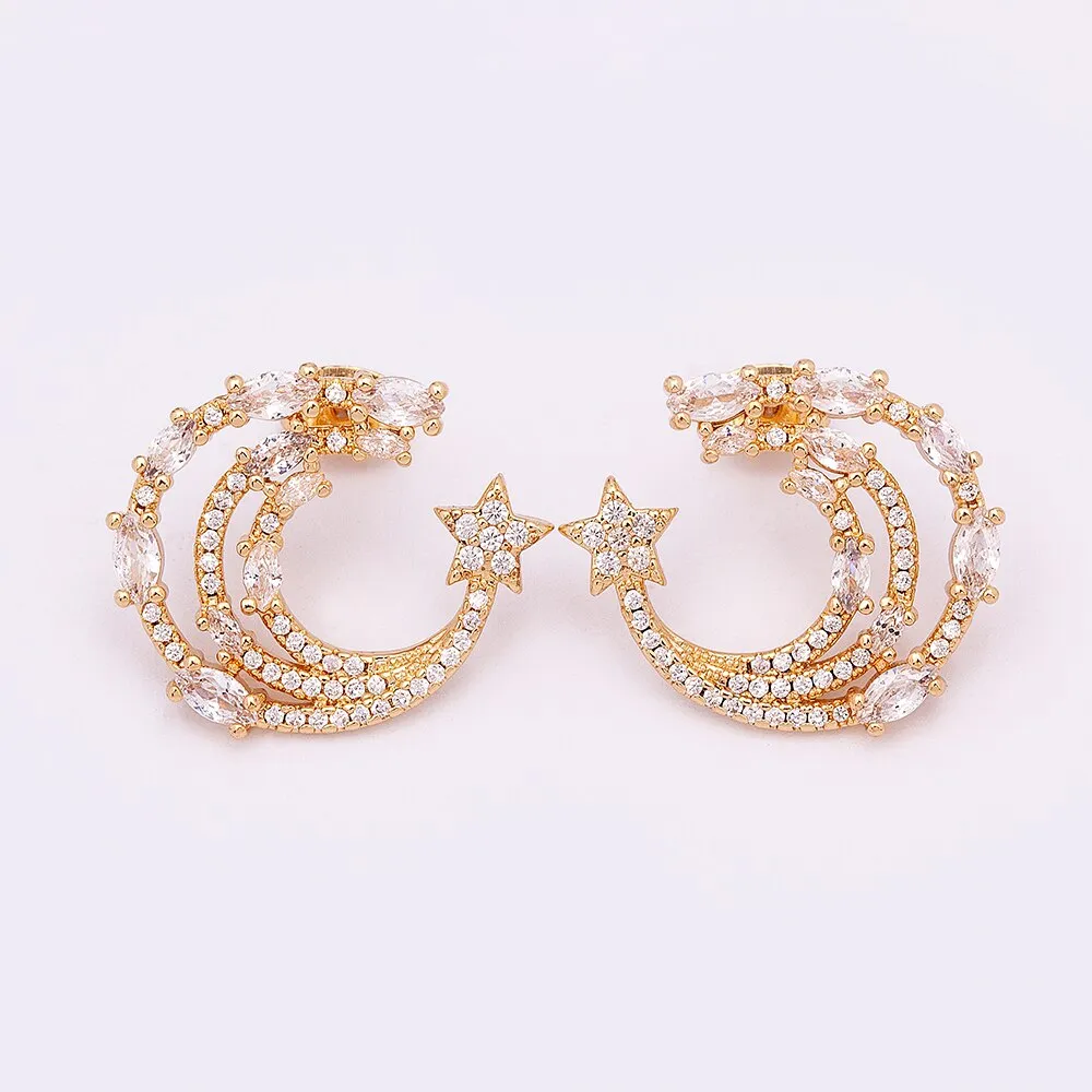 Korean Crystal Three Layers Trendy Exquisite Star Moon Stud Earrings For Women