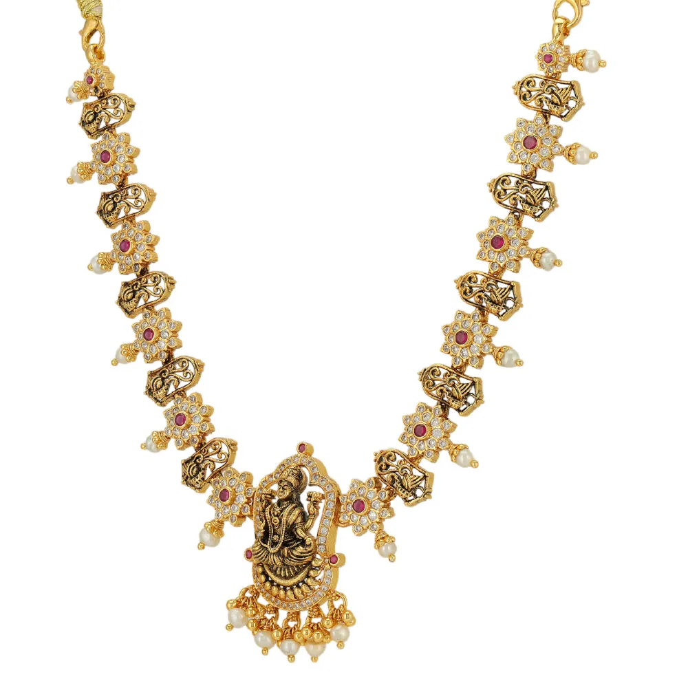 Lakshmi Vigraham Detail 925 Gold Plated Stoned Flowers Necklace