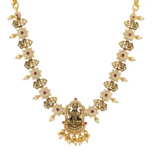 Lakshmi Vigraham Detail 925 Gold Plated Stoned Flowers Necklace