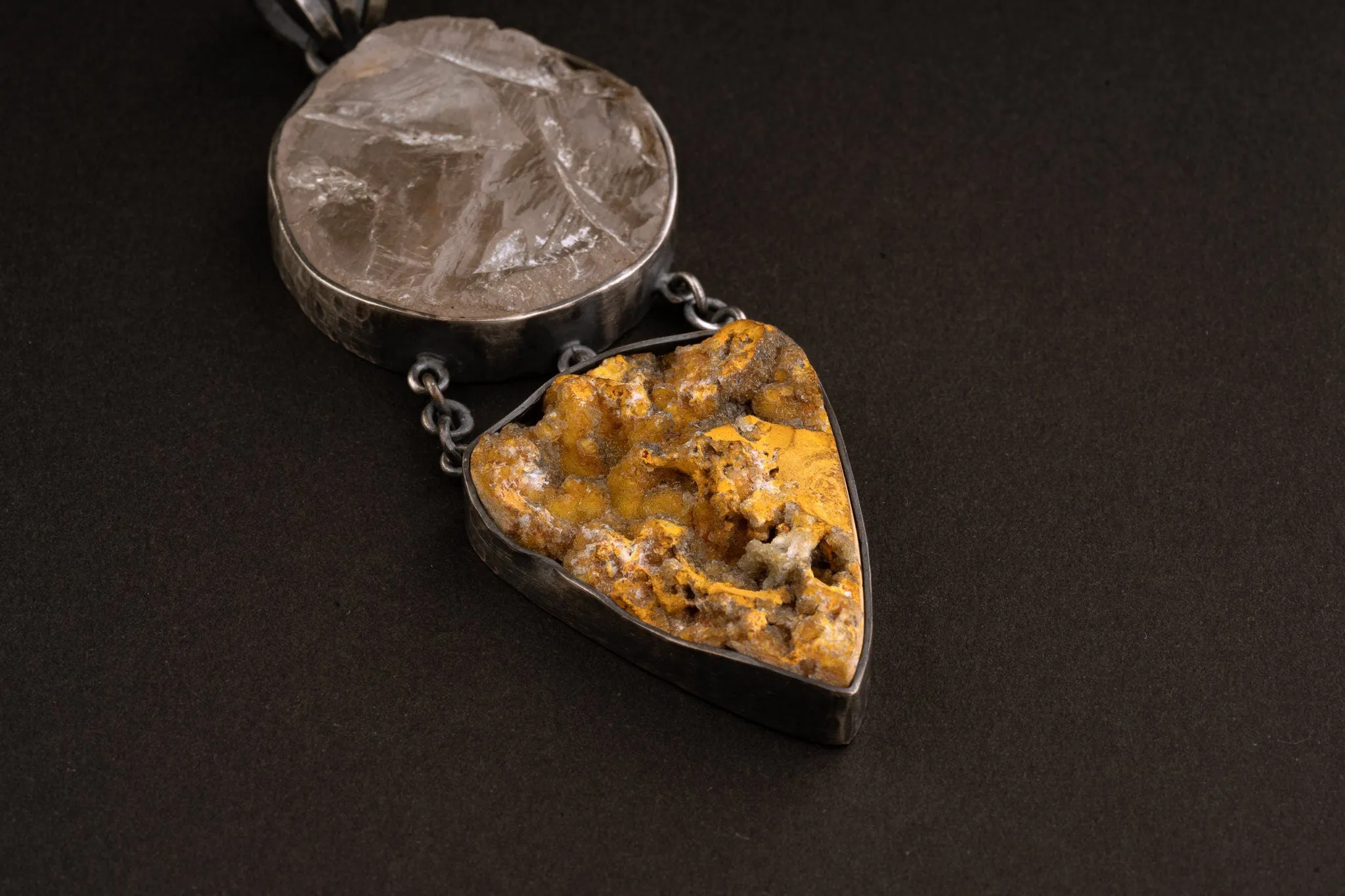 Large round raw Rose Quartz & Bumble Bee Jasper Cabochon  Neckpiece - Sterling Silver - Rustic Finish - Pendant