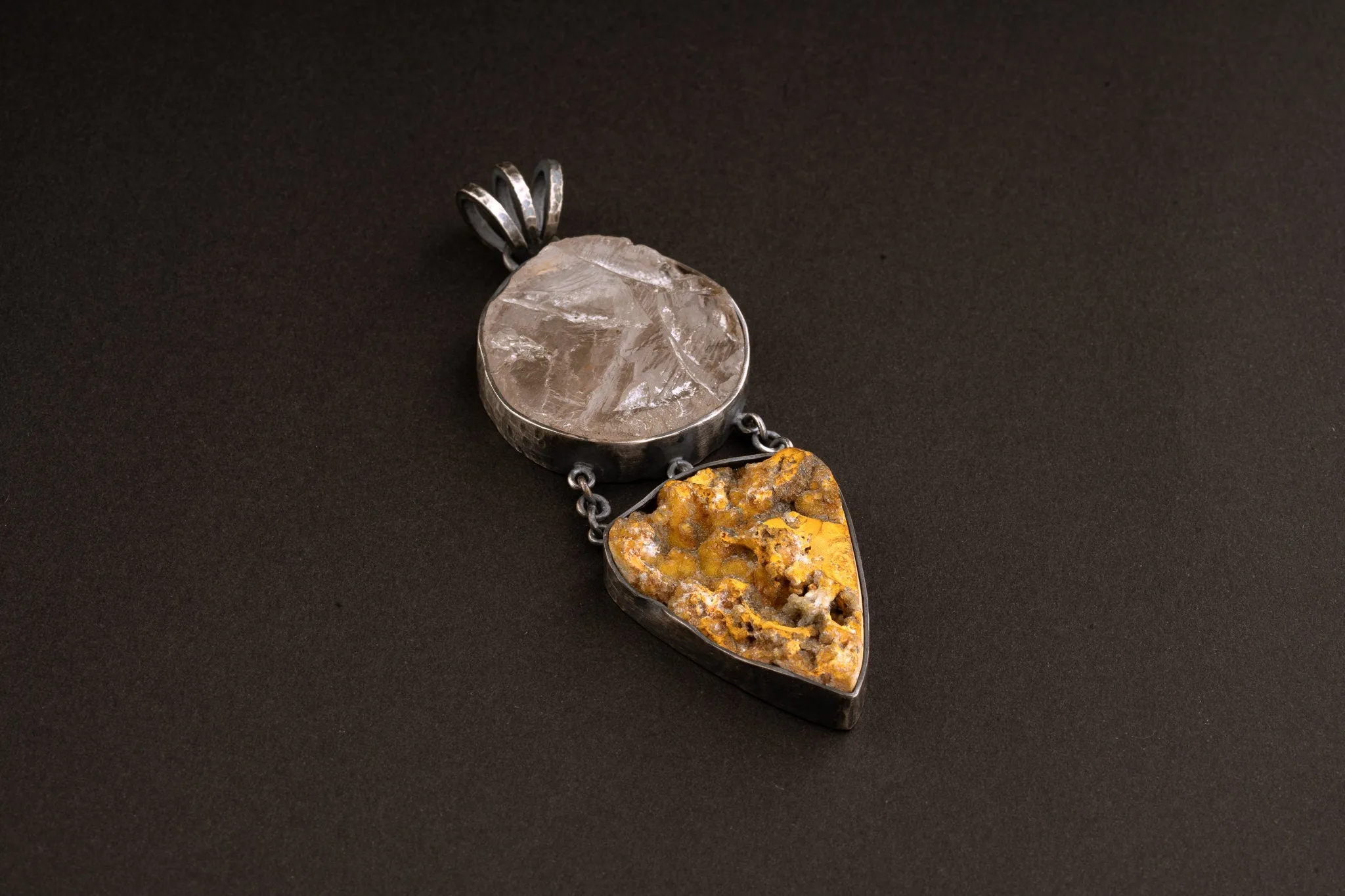Large round raw Rose Quartz & Bumble Bee Jasper Cabochon  Neckpiece - Sterling Silver - Rustic Finish - Pendant