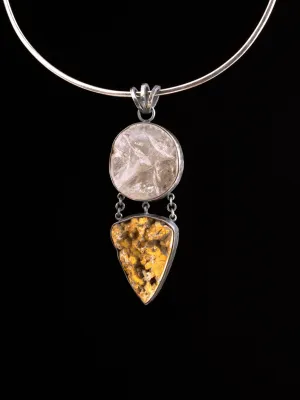 Large round raw Rose Quartz & Bumble Bee Jasper Cabochon  Neckpiece - Sterling Silver - Rustic Finish - Pendant