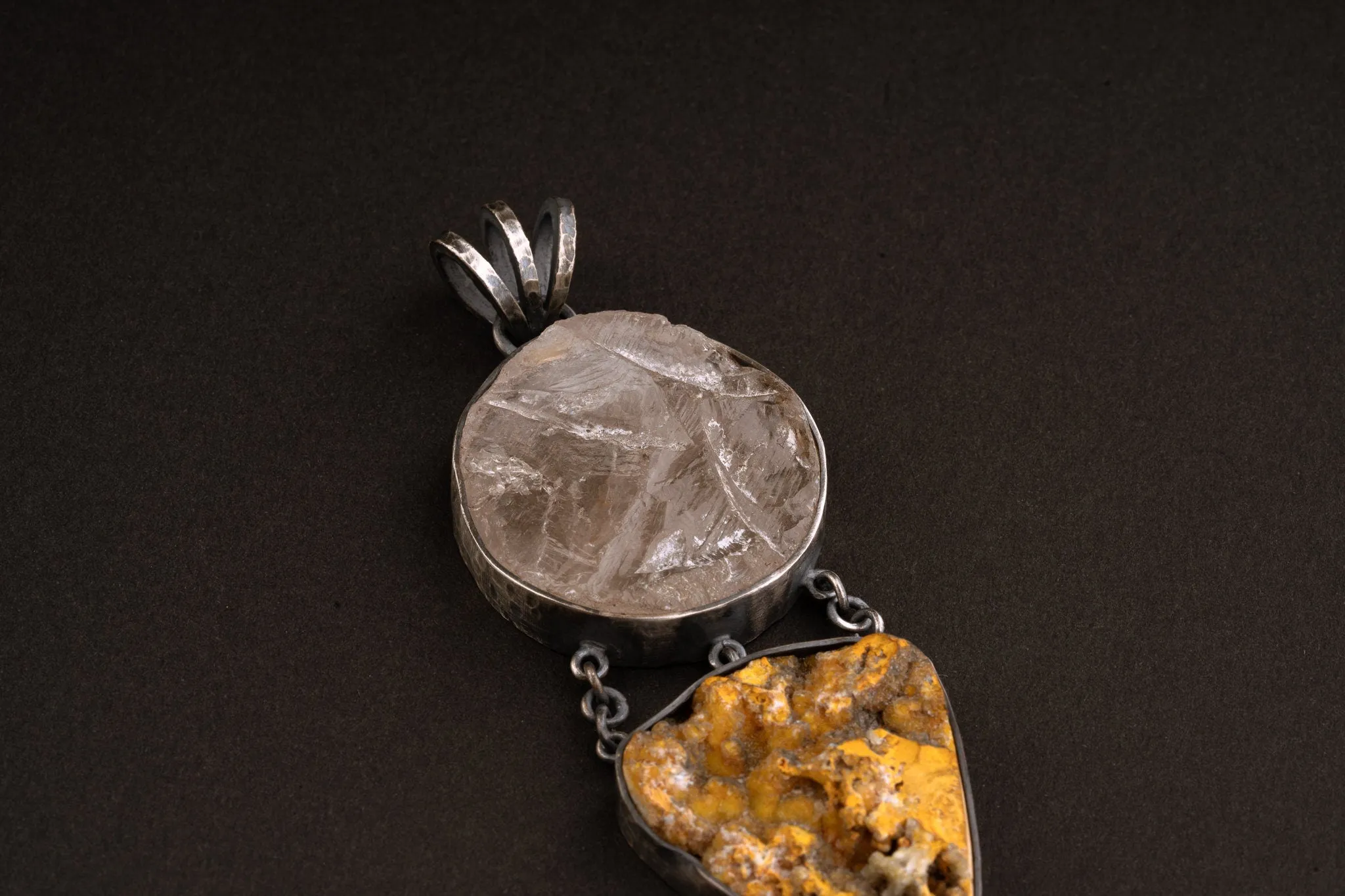 Large round raw Rose Quartz & Bumble Bee Jasper Cabochon  Neckpiece - Sterling Silver - Rustic Finish - Pendant