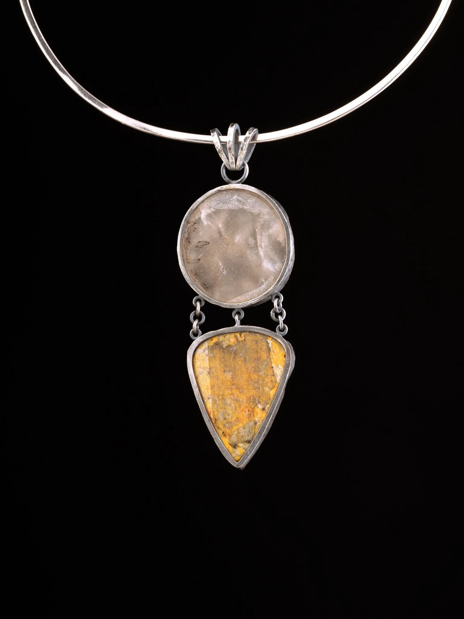 Large round raw Rose Quartz & Bumble Bee Jasper Cabochon  Neckpiece - Sterling Silver - Rustic Finish - Pendant