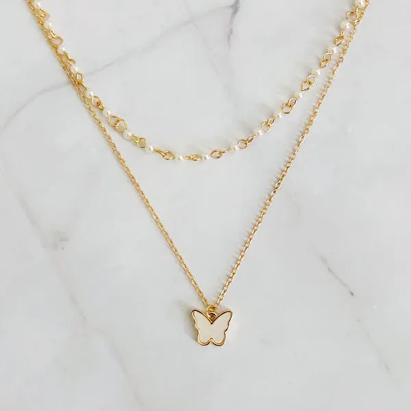 Layered Pearl Chain Butterfly Necklace
