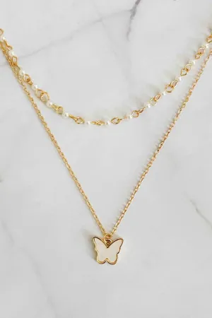 Layered Pearl Chain Butterfly Necklace