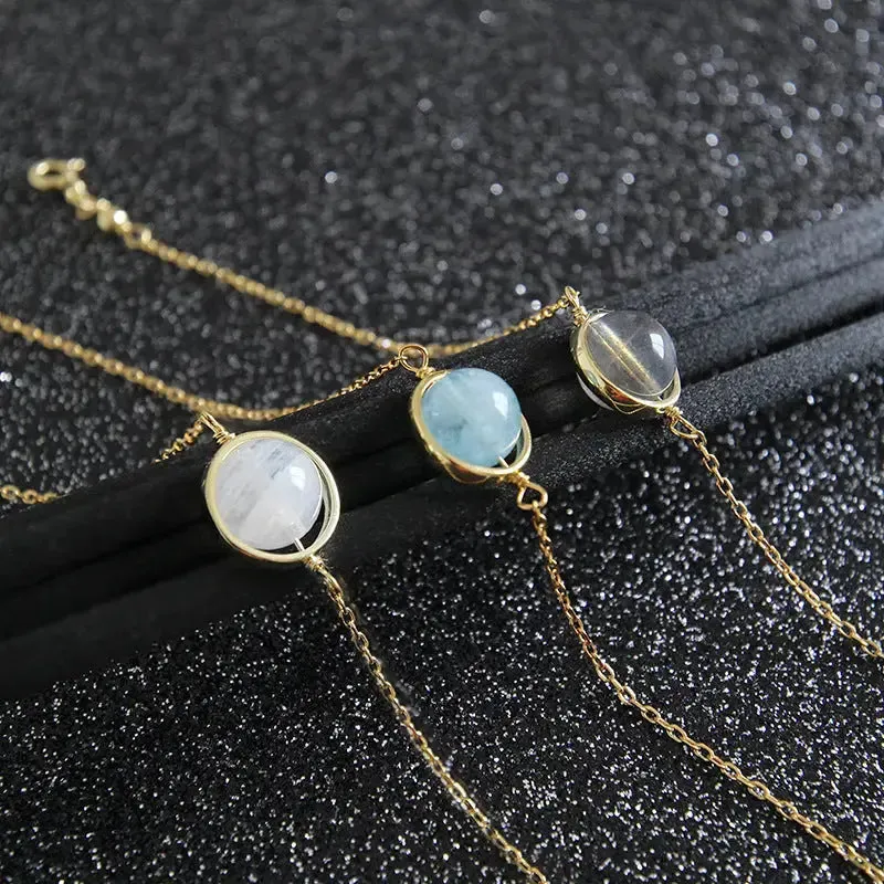 LOVCIA Girl Round Natural Moonstone Aquamarine 925 Sterling Silver Bracelet