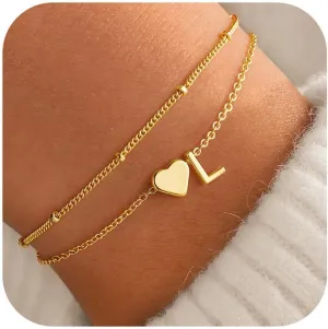 M MOOHAM Initial Heart Gold Bracelets for Women - Layered Dainty Gold Heart Letter A-Z Charm Bracelets for Women, Chain Link Charm Bracelets Beaded Bracelets Birthday Gifts Womens Jewelry
