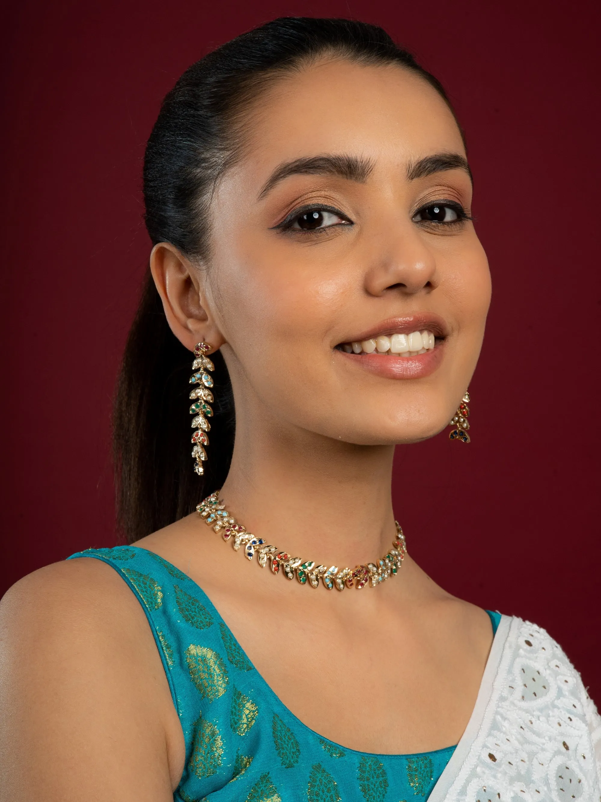 Mesmerizing Navaratan Jadau Choker Necklace Set (Necklace & Earrings Set)