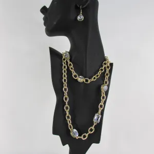 Metal Chain Links Large Rhinestones Extra Long Necklace Earrings Set