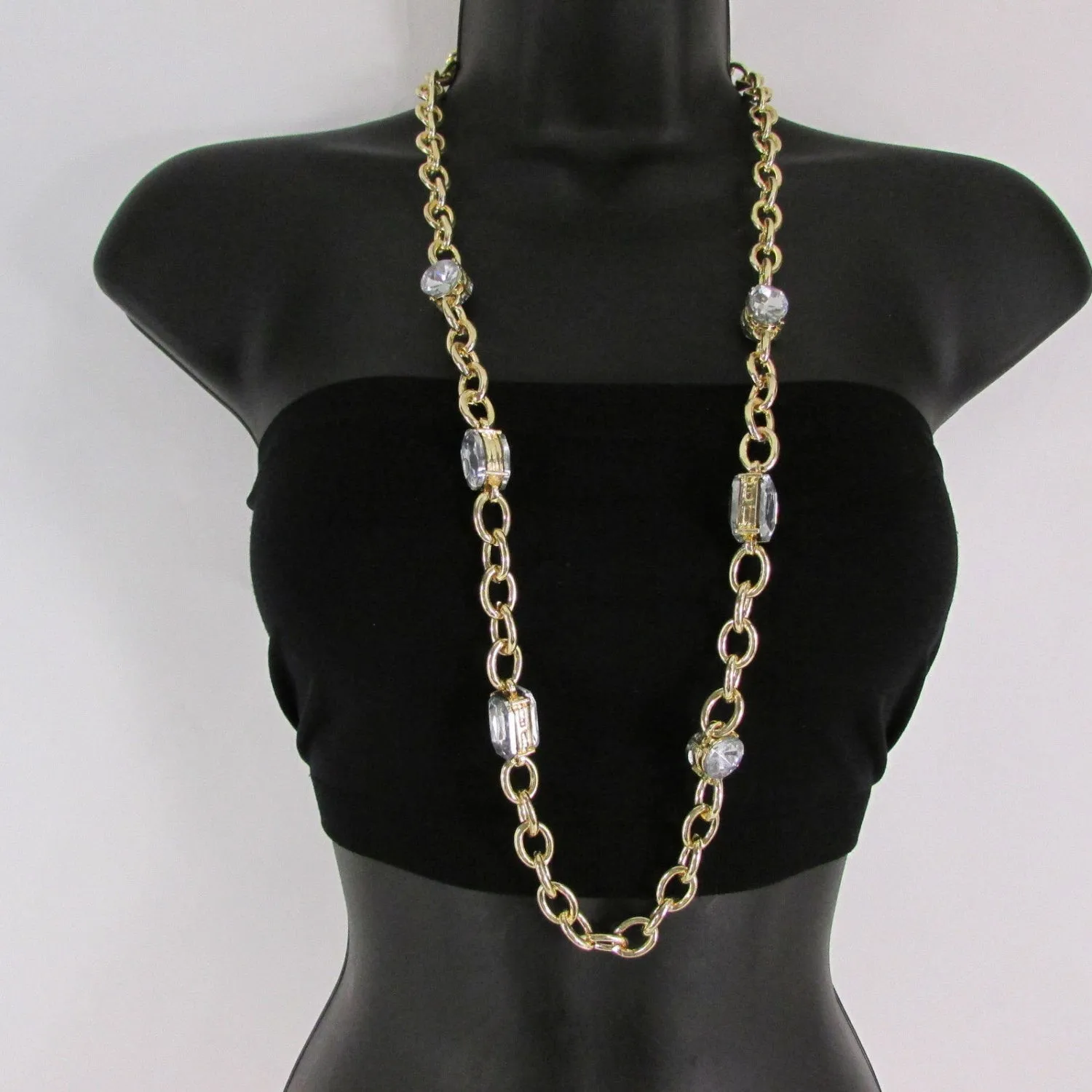 Metal Chain Links Large Rhinestones Extra Long Necklace Earrings Set