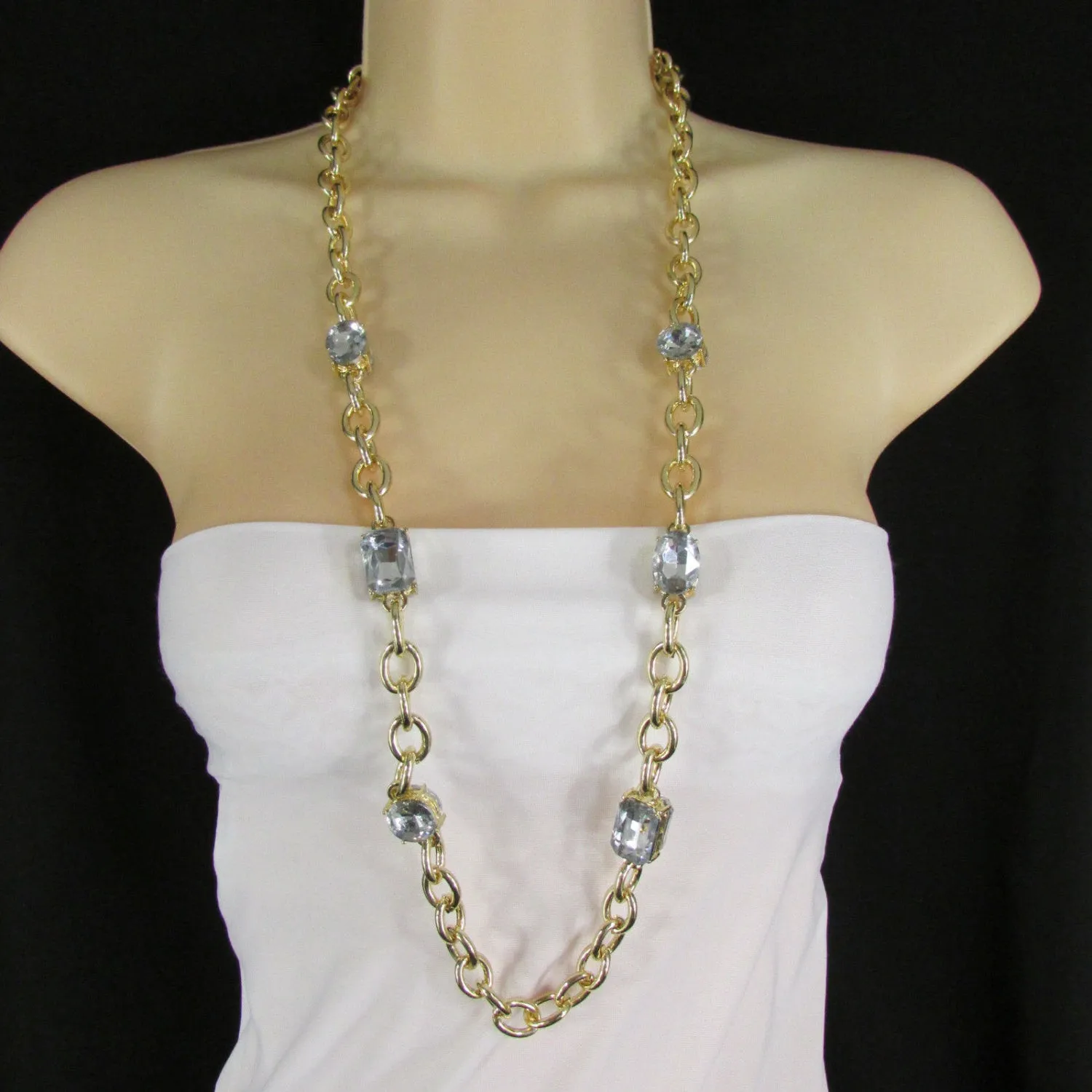 Metal Chain Links Large Rhinestones Extra Long Necklace Earrings Set