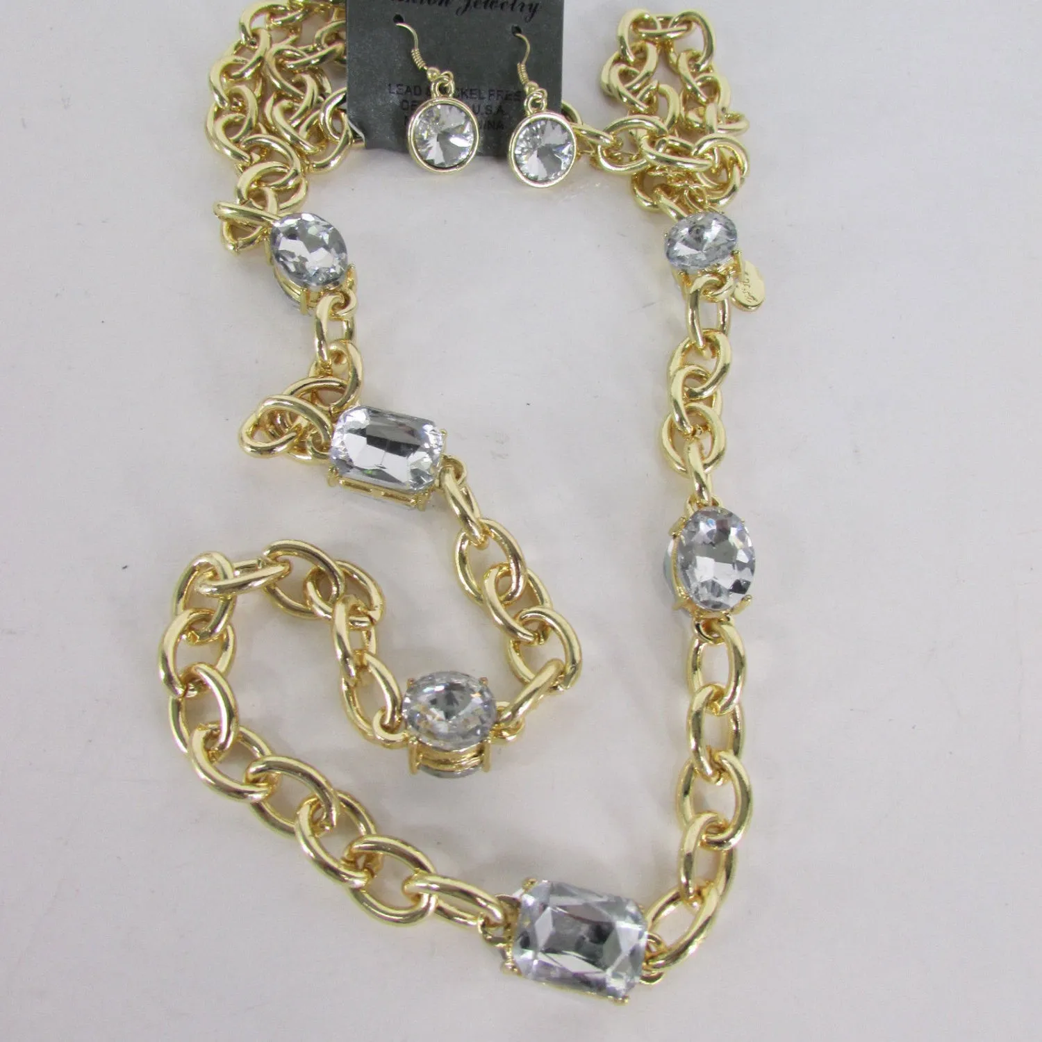 Metal Chain Links Large Rhinestones Extra Long Necklace Earrings Set