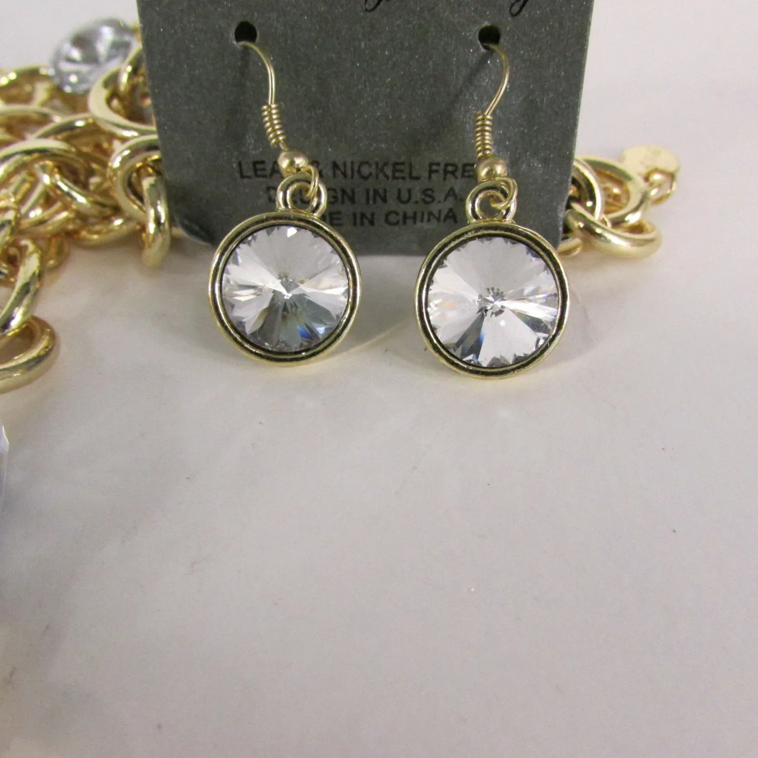 Metal Chain Links Large Rhinestones Extra Long Necklace Earrings Set