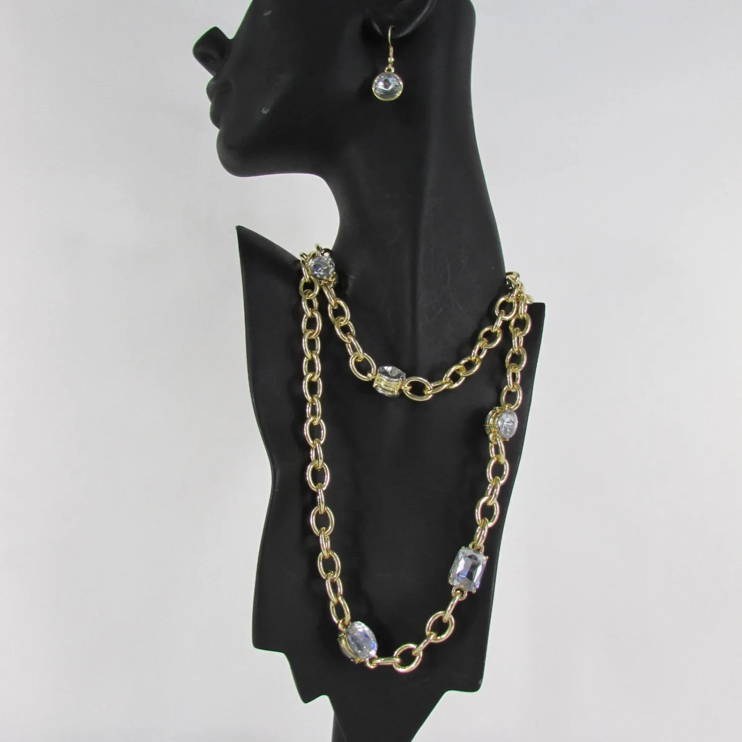 Metal Chain Links Large Rhinestones Extra Long Necklace Earrings Set