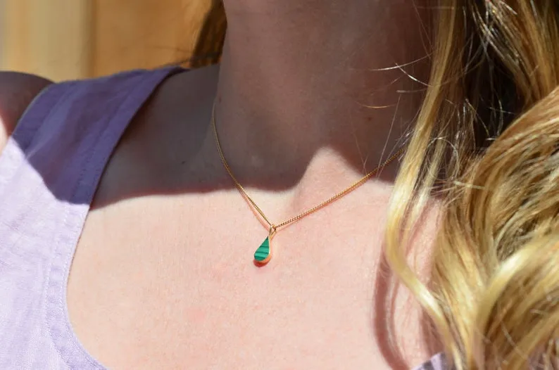 Natural Simple Bezel Set Teardrop Malachite Solitaire Pendant For Women - 14k Gold Vermeil Pendant