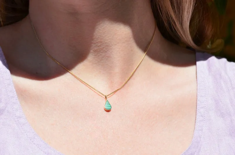 Natural Simple Bezel Set Teardrop Malachite Solitaire Pendant For Women - 14k Gold Vermeil Pendant