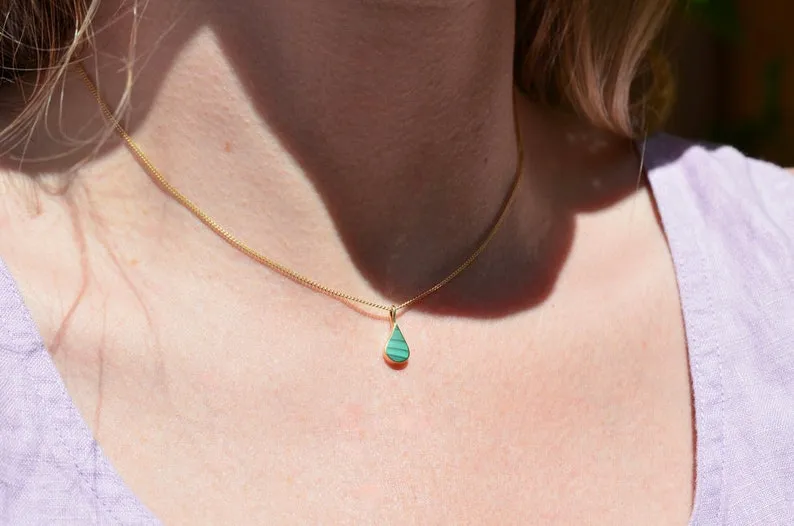 Natural Simple Bezel Set Teardrop Malachite Solitaire Pendant For Women - 14k Gold Vermeil Pendant