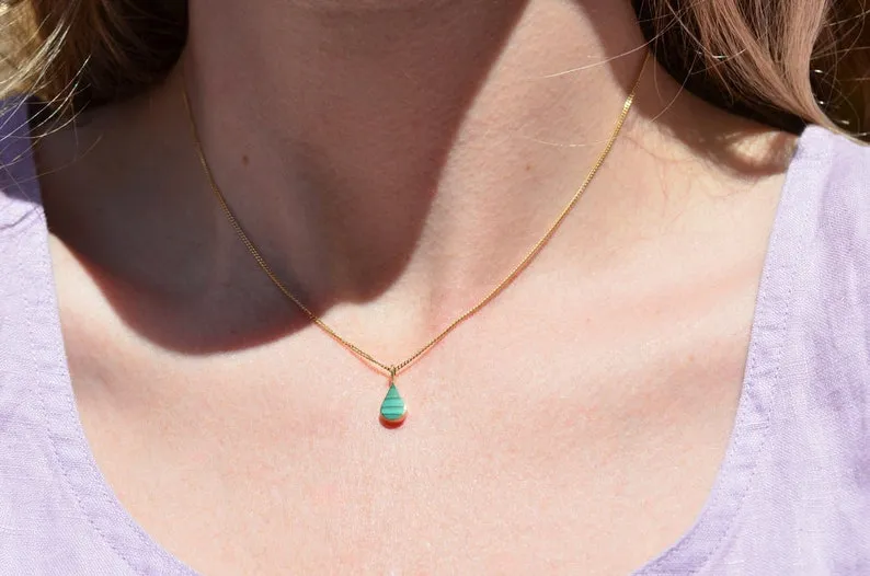 Natural Simple Bezel Set Teardrop Malachite Solitaire Pendant For Women - 14k Gold Vermeil Pendant
