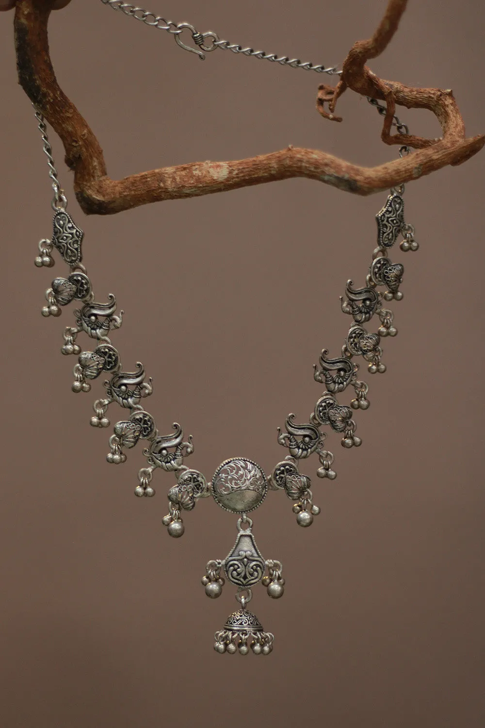 Nav Mayuri | Silver Necklace Set with Earrings