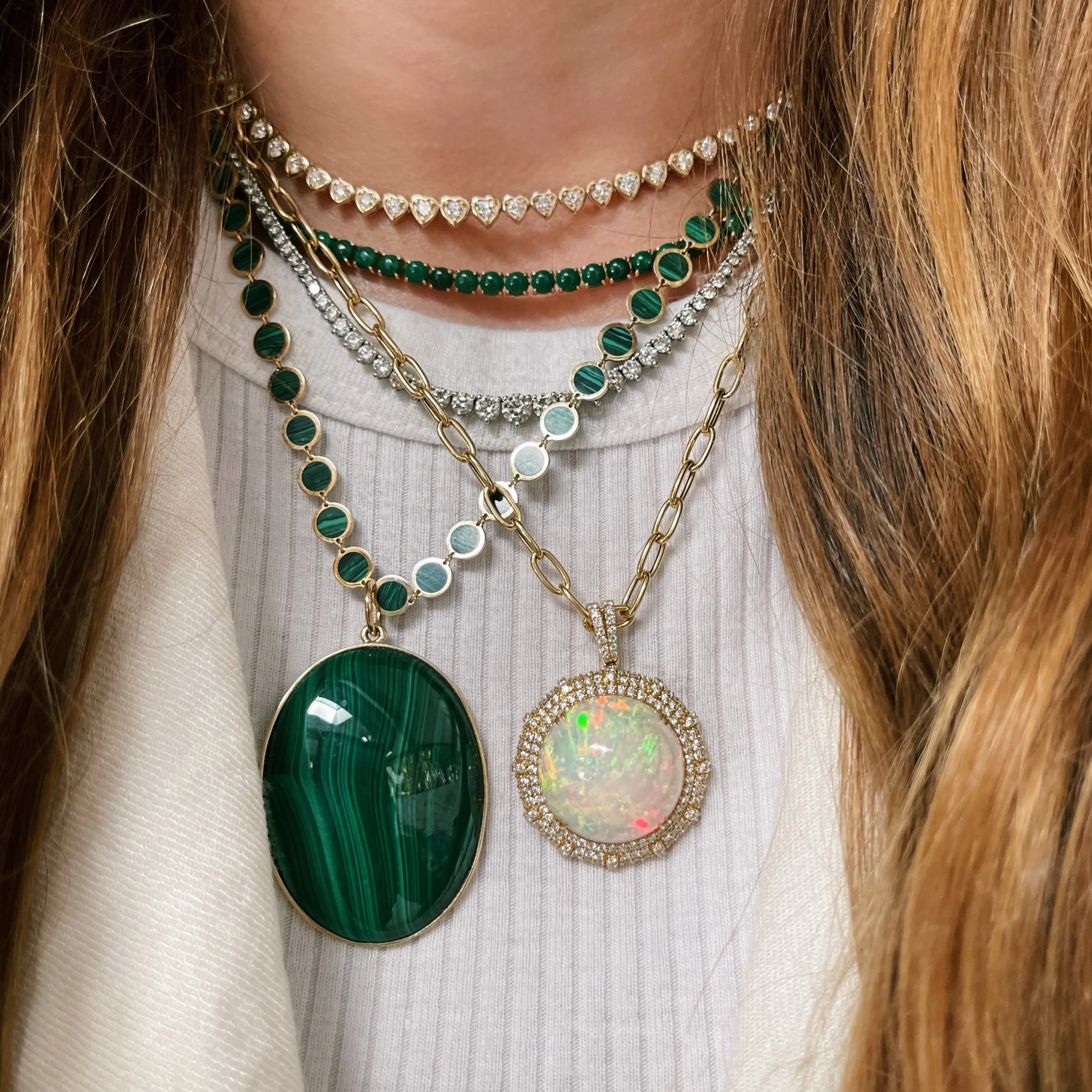 One of a Kind Opal & Diamond Round Pendant on Paperclip Chain Necklace
