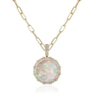 One of a Kind Opal & Diamond Round Pendant on Paperclip Chain Necklace