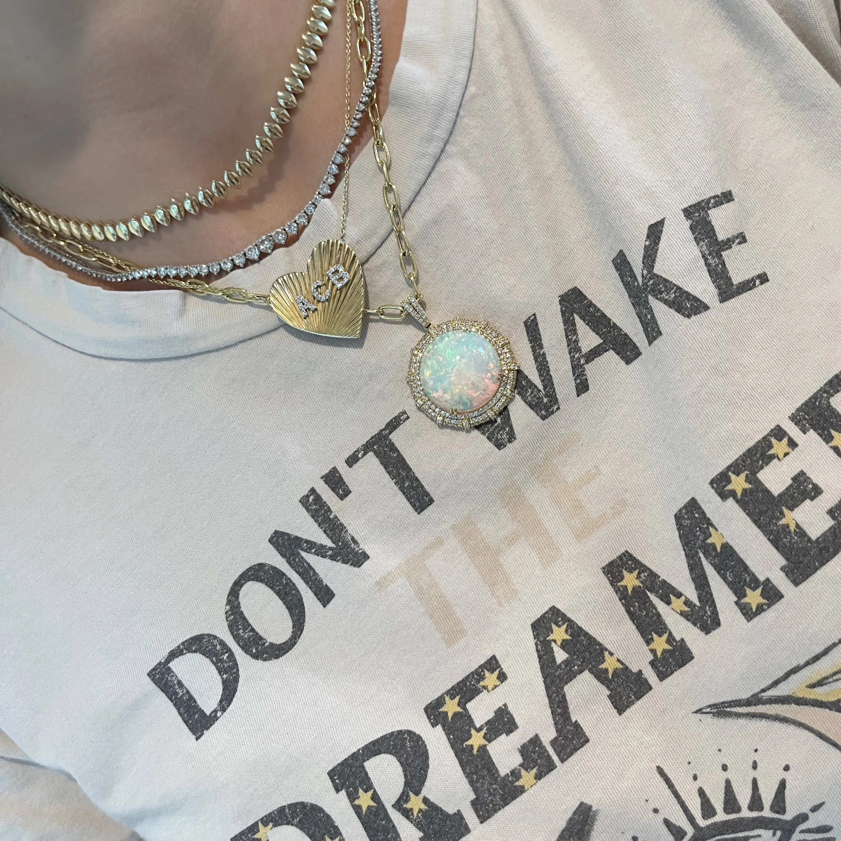 One of a Kind Opal & Diamond Round Pendant on Paperclip Chain Necklace