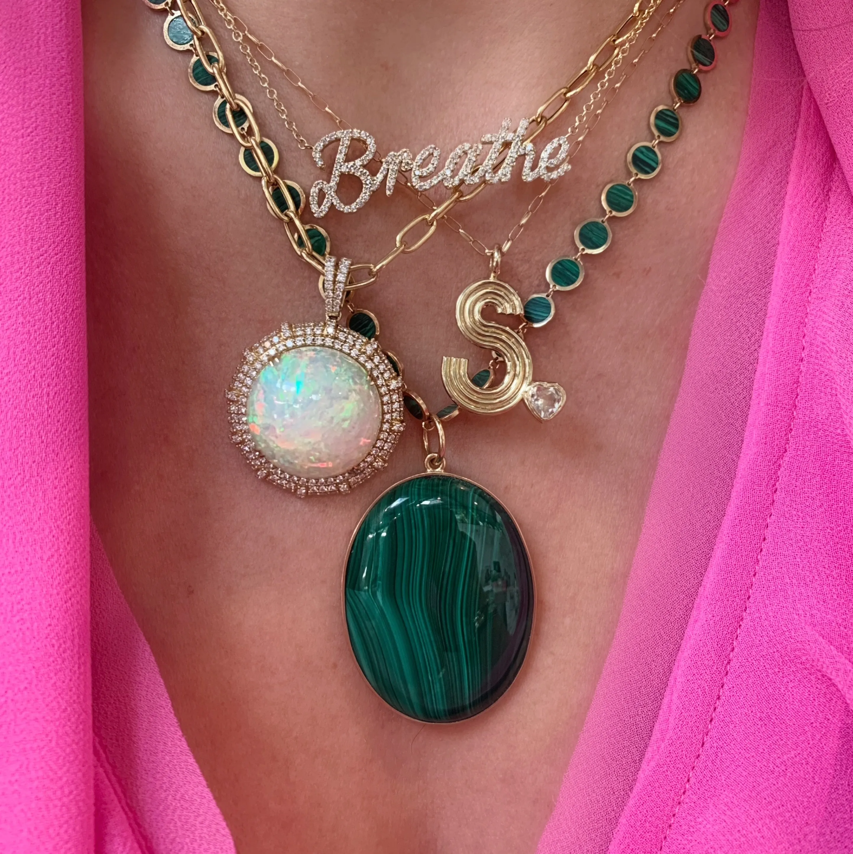 One of a Kind Opal & Diamond Round Pendant on Paperclip Chain Necklace