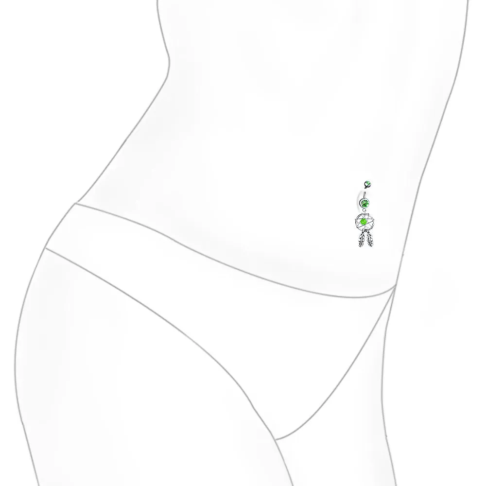 Purple Green Blue Feather Dream Catcher Belly Ring Surgical Steel Navel Piercing