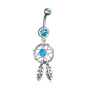 Purple Green Blue Feather Dream Catcher Belly Ring Surgical Steel Navel Piercing