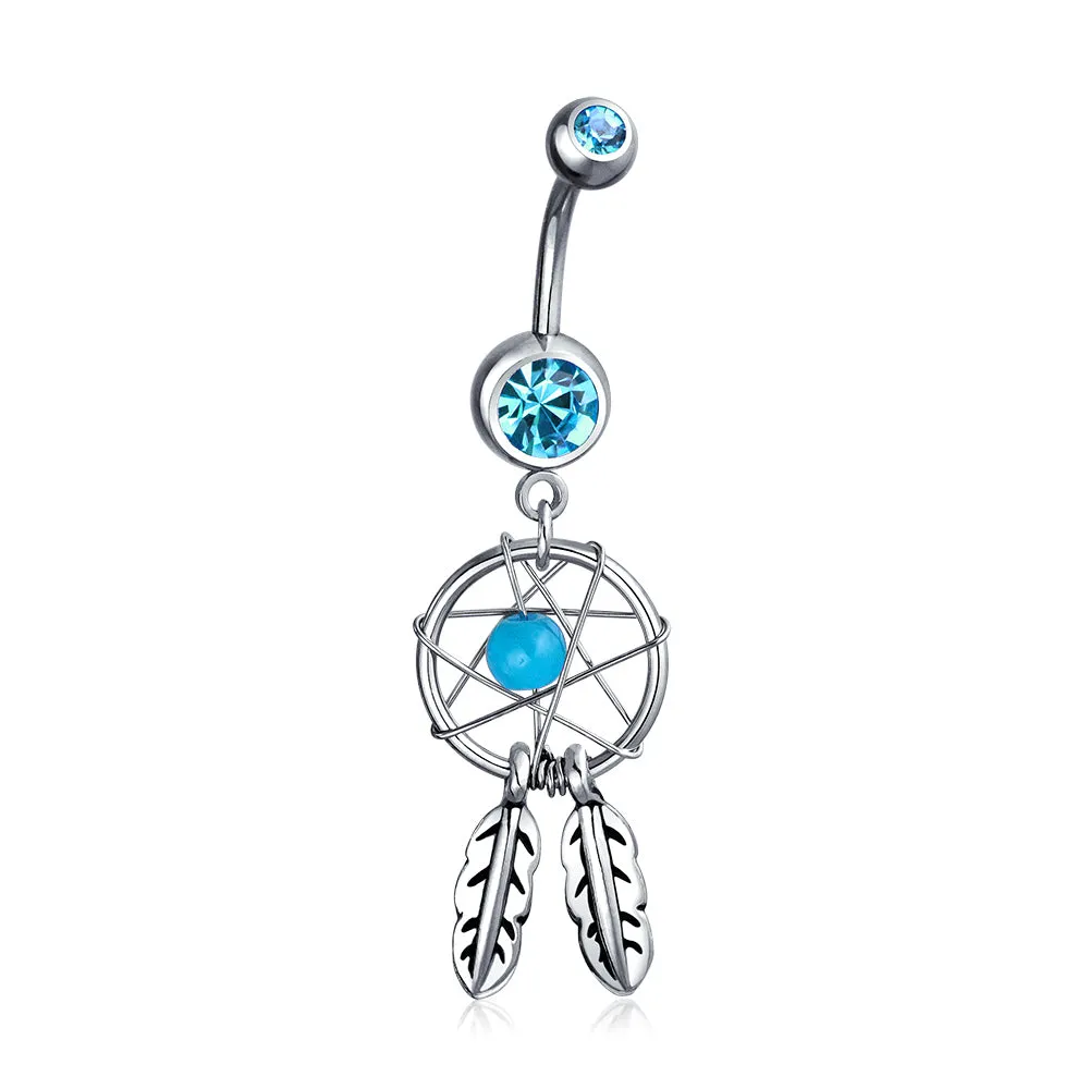 Purple Green Blue Feather Dream Catcher Belly Ring Surgical Steel Navel Piercing