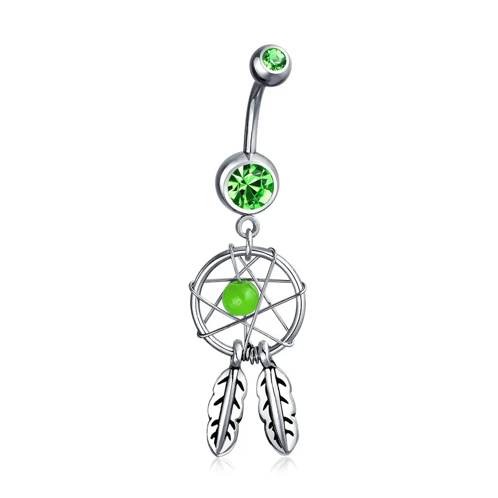 Purple Green Blue Feather Dream Catcher Belly Ring Surgical Steel Navel Piercing