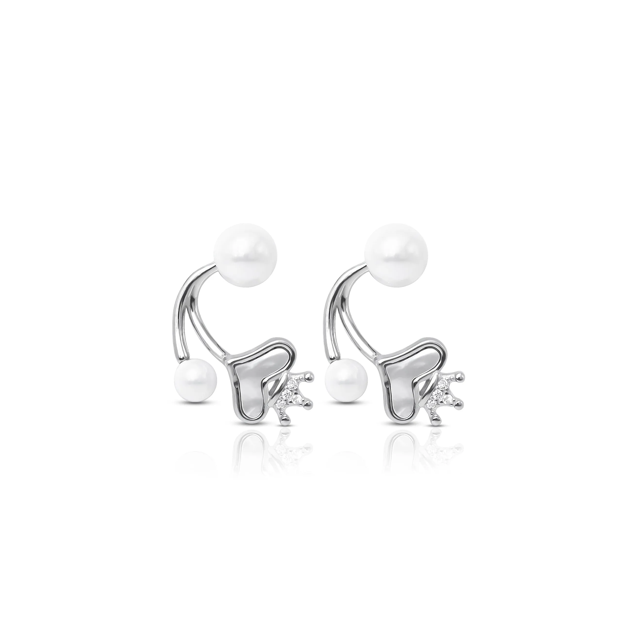 Royal Heart and Crown Silver Earrings with White Moti.