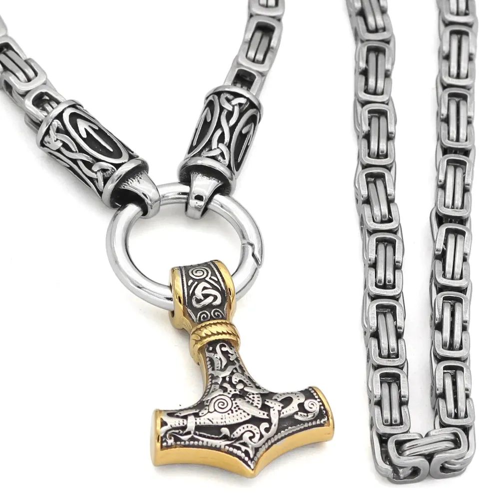 Rune King Chain With Gold Trimmed Mjolnir Pendant
