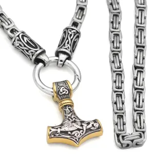 Rune King Chain With Gold Trimmed Mjolnir Pendant
