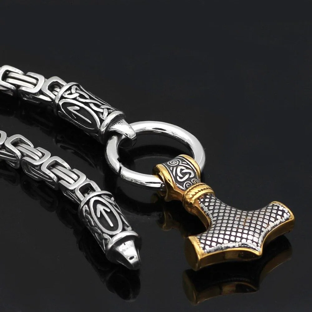 Rune King Chain With Gold Trimmed Mjolnir Pendant